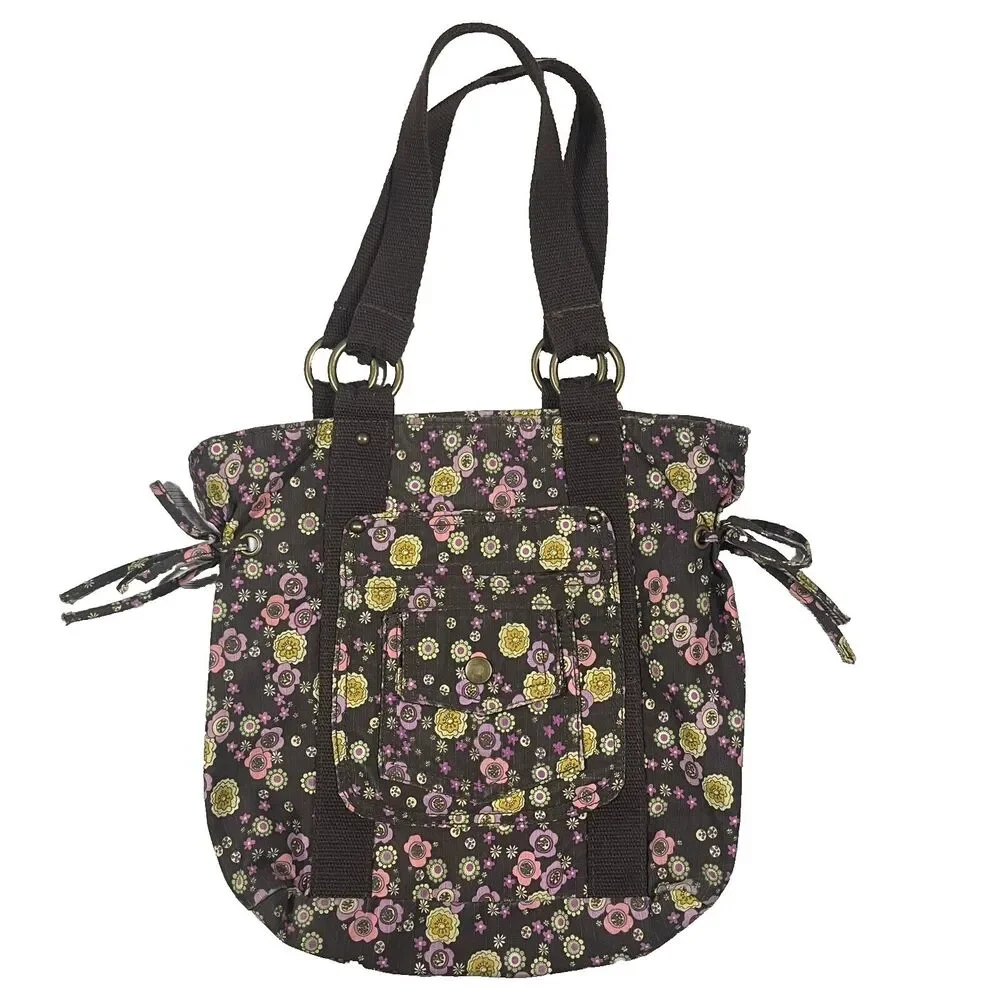 Everyday Shoulder Bag Brown Floral Button Closure, Boho, Cottagecore, Pockets